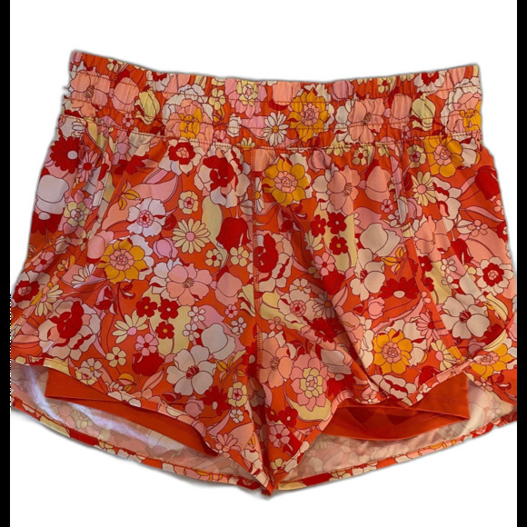 Avia Womens Running Shorts Size Large Orange Floral Print Double Layer W/Pocket - Picture 1 of 12